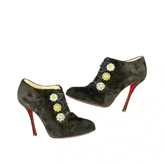 Christian Louboutin Bootini MJ 100mm Black Suede Crystal Button Ankle Boots 37 - Picture 16 of 16